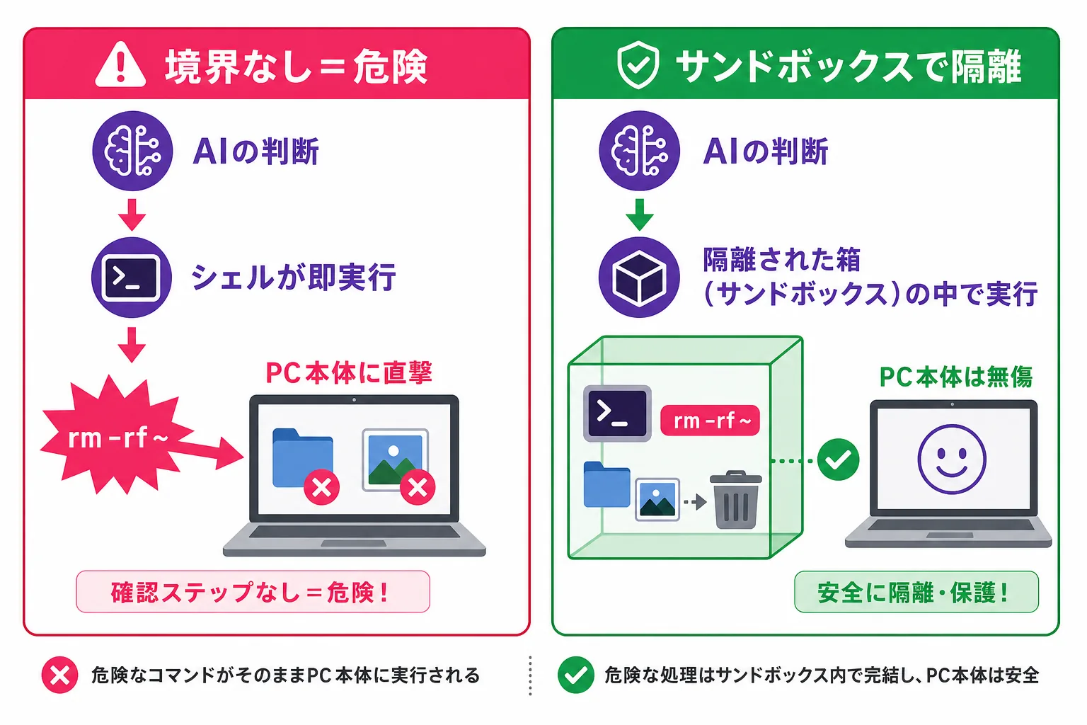 AIエージェントがホームディレクトリを削除してしまう構造の図解。判断と実行の間に境界がない状態と、サンドボックスで隔離した状態を比較