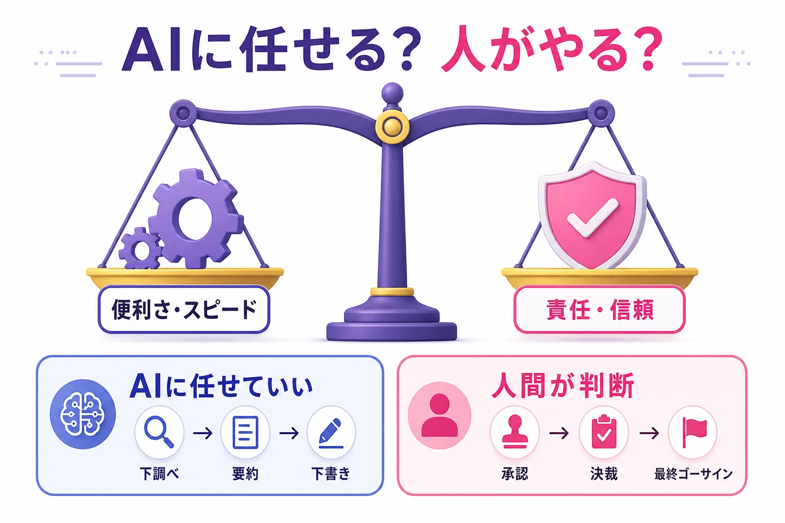AIに任せていい業務と任せちゃダメな業務の境界線を天秤で示した図解