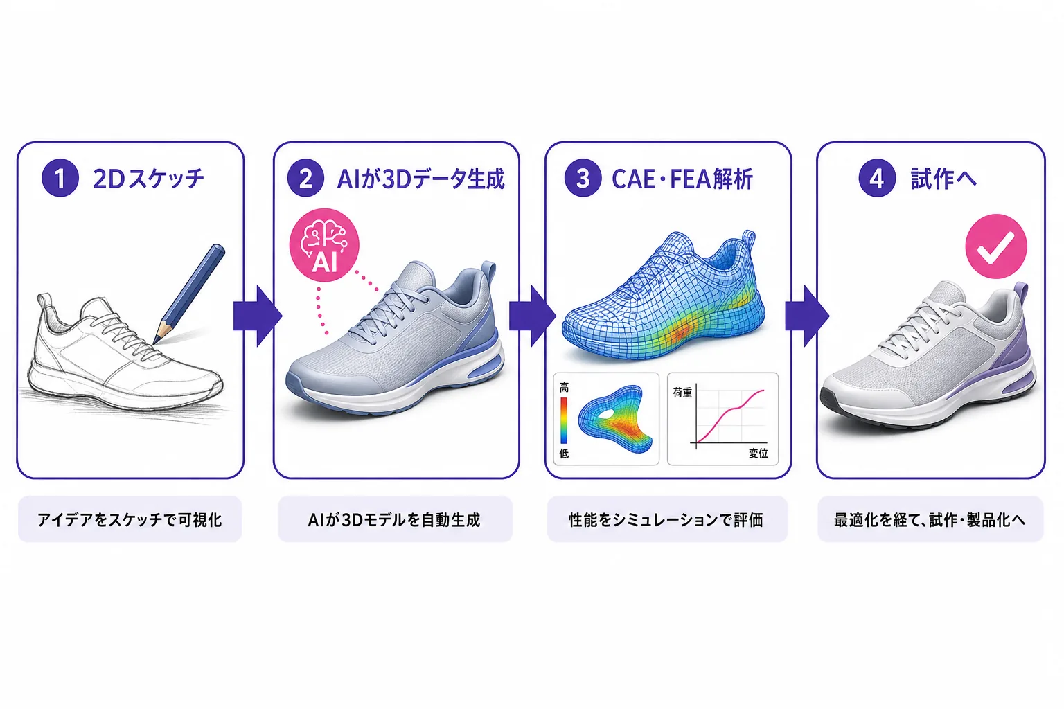 アシックスのAI設計フロー図：2Dスケッチ→AIが3Dデータ生成→CAE・FEA解析→試作へ、と一気通貫でつながる流れ