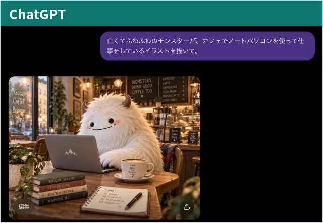 ChatGPT が作った画像。白くふわふわのモンスターが、木のテーブルでノートパソコンに向かっている、写真に近い立体的な絵。背景の黒板には英語のメニューが描かれている。