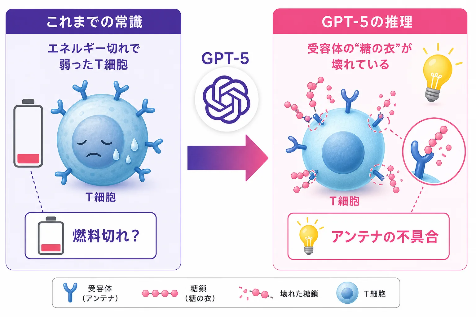 免疫細胞が弱った理由について、従来の『エネルギー切れ』という説と、GPT-5が提案した『細胞表面の糖の衣（アンテナ）の不具合』という説を左右で比較した図解