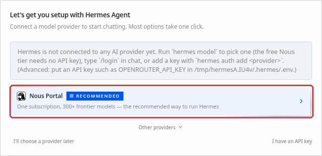 つなぎ先を選ぶ初回画面。「Hermes is not connected to any AI provider yet」という説明の下に、RECOMMENDED の表示がついた「Nous Portal」があり、枠で囲まれている。その下に「Other providers」、左下に「I'll choose a provider later」、右下に「I have an API key」がある。