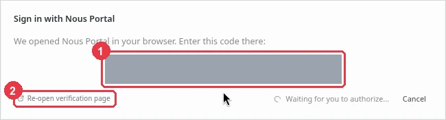 「Sign in with Nous Portal」画面。①に8文字のコード（画像では伏せてある）、右下に「Waiting for you to authorize...」、左下に②「Re-open verification page」がある。