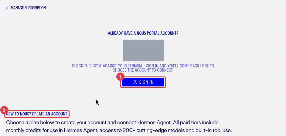 ブラウザで開いた Nous Portal のページ。中央にアプリと同じコード（画像では伏せてある）と①「SIGN IN」ボタン、下に②「NEW TO NOUS? CREATE AN ACCOUNT」がある。