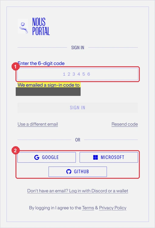 Nous Portal のサインイン画面。①に「Enter the 6-digit code」の入力欄、その下にコードを送ったメールアドレス（画像では伏せてある）、②に GOOGLE・MICROSOFT・GITHUB のログインボタンがある。