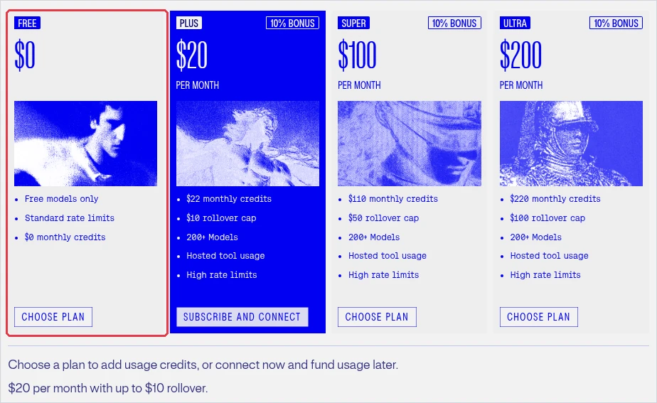 Nous Portal の料金プラン。FREE（$0）、PLUS（月$20）、SUPER（月$100）、ULTRA（月$200）の4つが並び、FREE のカードが枠で囲まれている。FREE には「Free models only」「Standard rate limits」「$0 monthly credits」と書かれている。