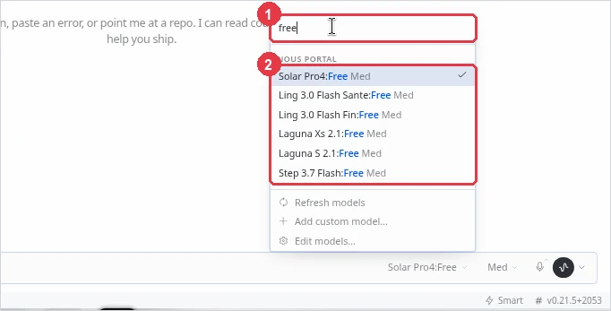 モデル選択の一覧。①の検索欄に「free」と入力され、②に Solar Pro4:Free、Ling 3.0 Flash Sante:Free、Ling 3.0 Flash Fin:Free、Laguna Xs 2.1:Free、Laguna S 2.1:Free、Step 3.7 Flash:Free の6つが並んでいる。