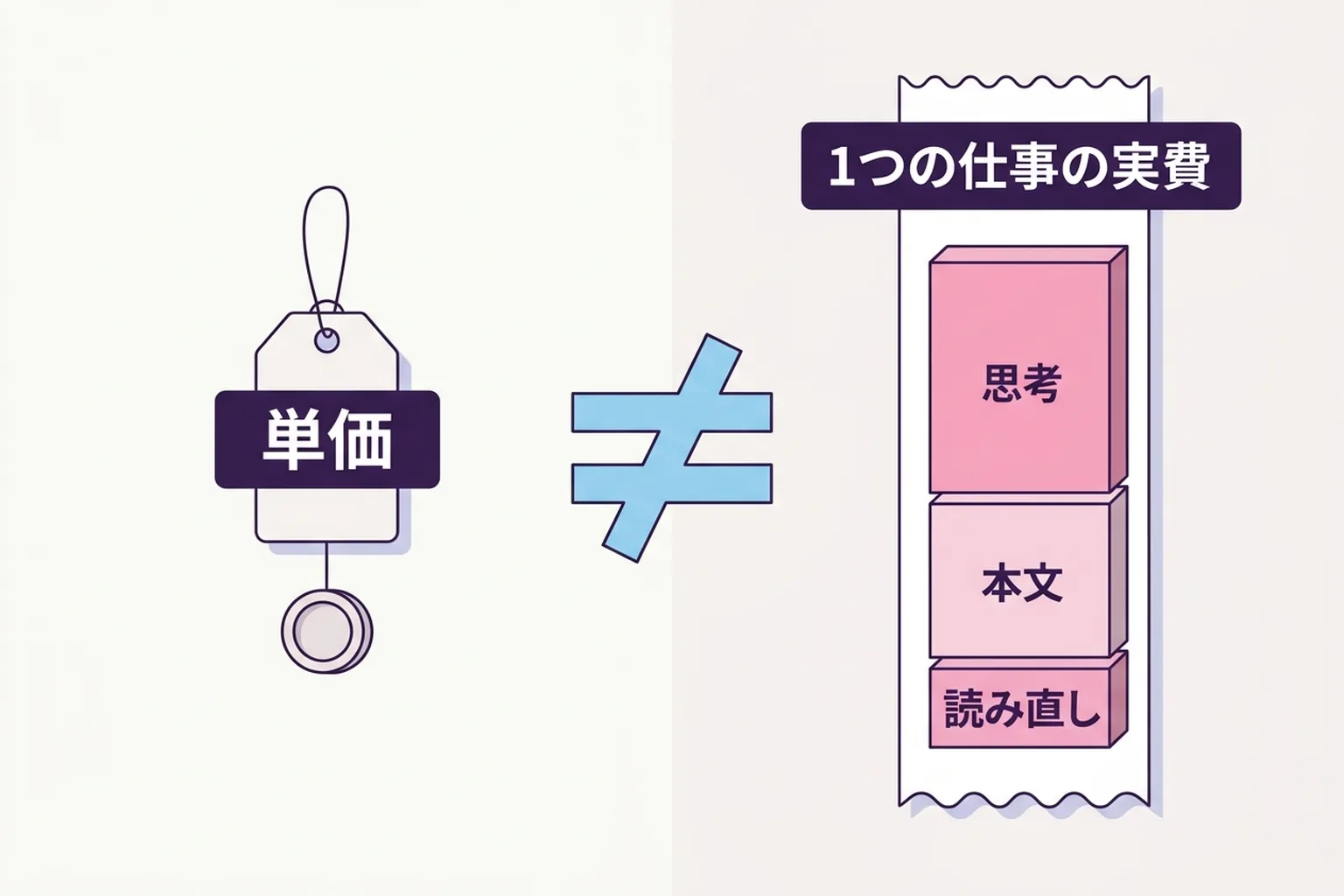1トークンの単価と、1つの仕事が終わるまでの実費（思考・本文・読み直し）は別物であることを示す図