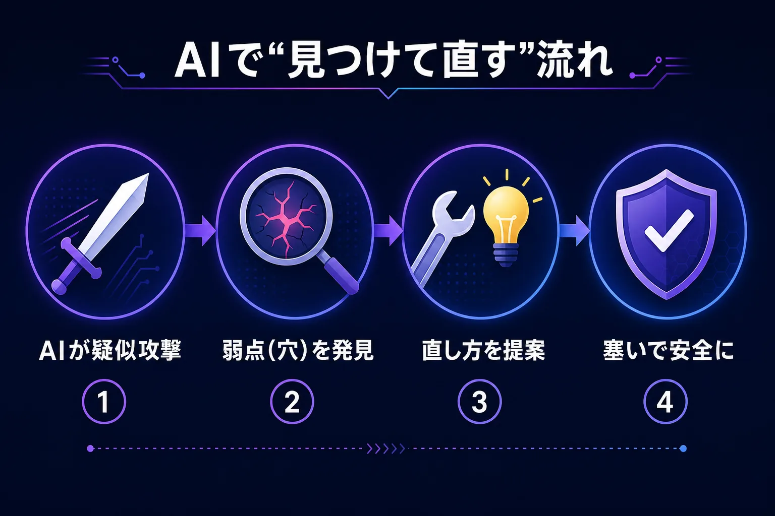 Patching as a Serviceの4ステップの流れ図。①AIが疑似攻撃→②弱点(穴)を発見→③直し方を提案→④塞いで安全に、という順で進む様子を示したインフォグラフィック。