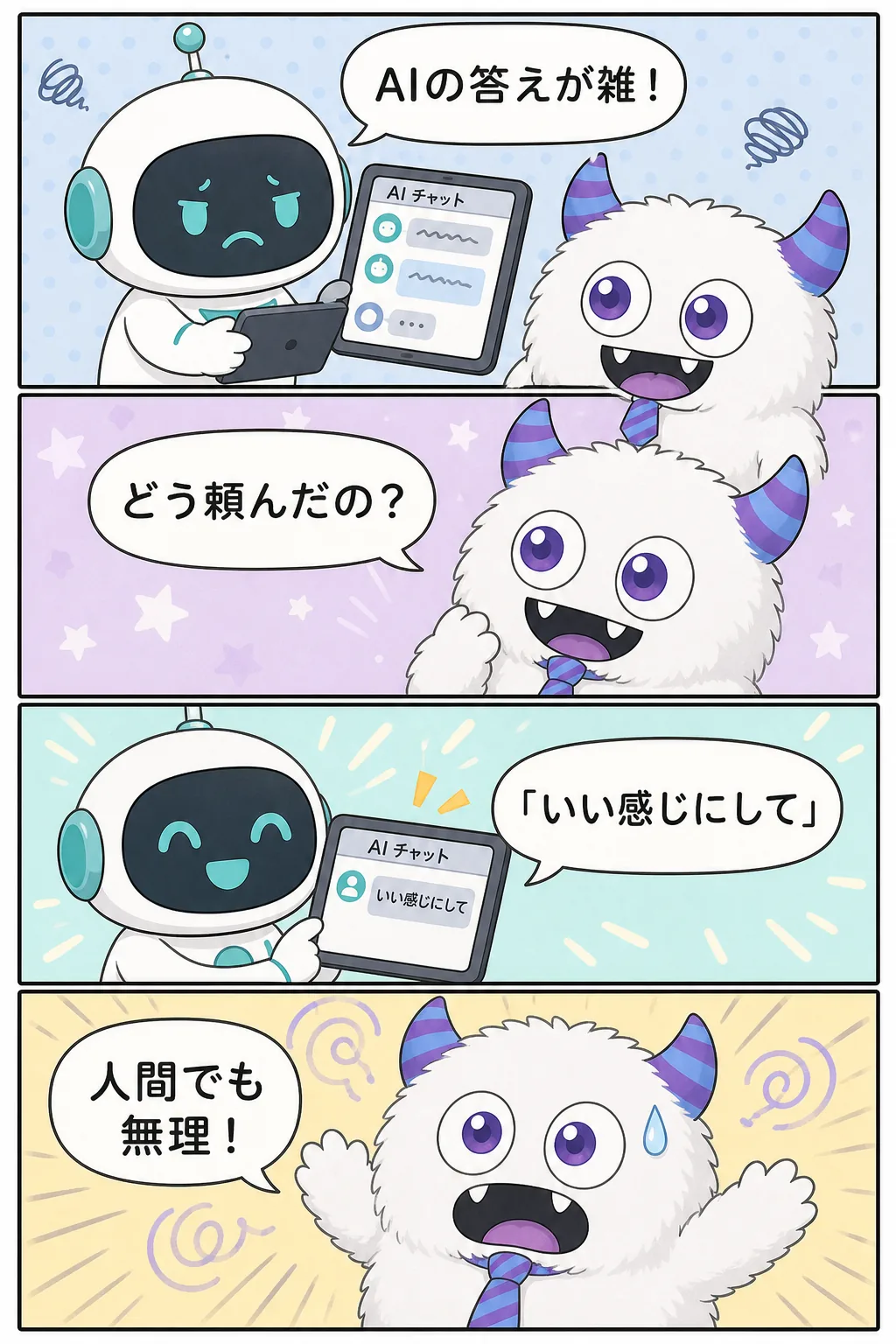 4コマ漫画。1コマ目、小さなロボットがタブレットを見せながら「AIの答えが雑！」と怒る。2コマ目、てんびん丸が「どう頼んだの？」と首をかしげる。3コマ目、ロボットが得意げにタブレットを見せ、そこには「いい感じにして」の一言だけ。4コマ目、てんびん丸が汗をかいて両手を広げ「人間でも無理！」とツッコむ。