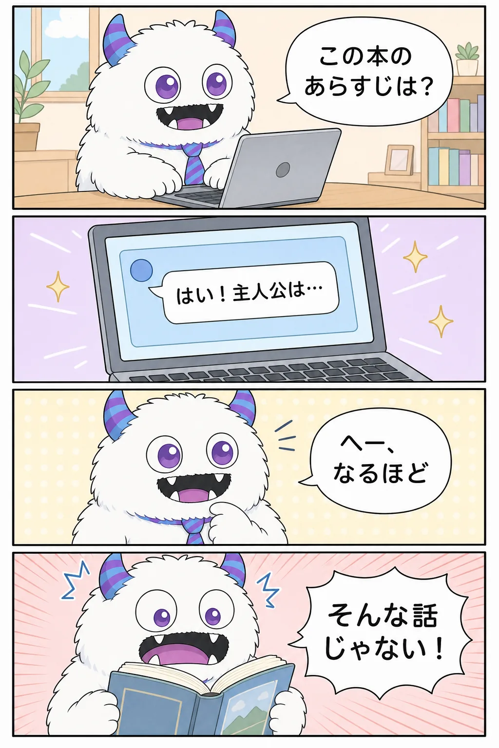 4コマ漫画。1コマ目、てんびん丸がノートパソコンに「この本のあらすじは？」と質問する。2コマ目、画面のチャットに「はい！主人公は…」と自信たっぷりの返事が表示される。3コマ目、てんびん丸が「へー、なるほど」と感心する。4コマ目、実物の本を開いたてんびん丸が目を見開いて「そんな話じゃない！」と叫ぶ。
