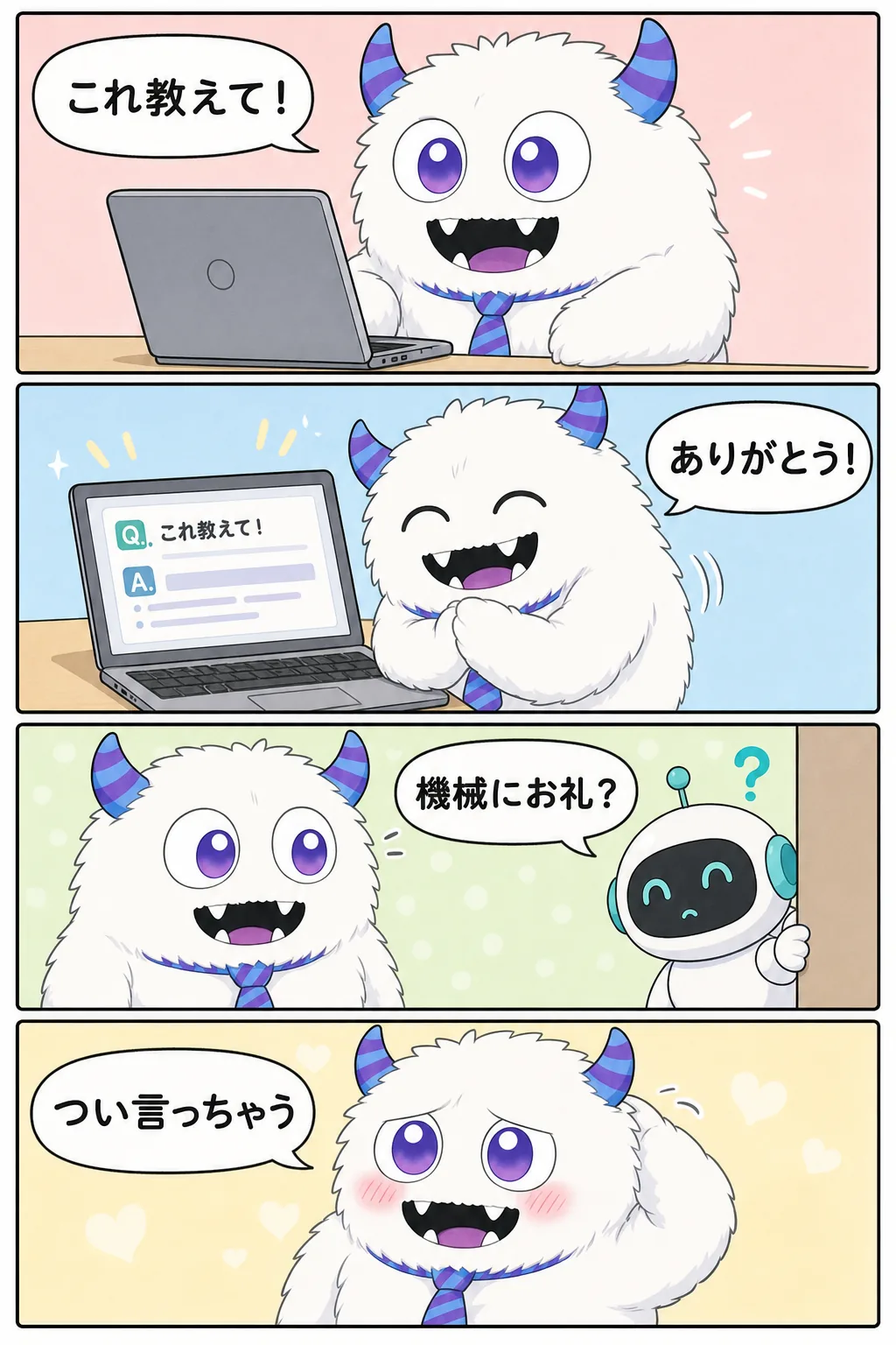 4コマ漫画。1コマ目、てんびん丸がノートパソコンに「これ教えて！」と質問する。2コマ目、答えが表示され、てんびん丸が目を閉じてにっこり「ありがとう！」と頭を下げる。3コマ目、横からのぞいたロボットが「機械にお礼？」と首をかしげる。4コマ目、てんびん丸が頬を赤らめて「つい言っちゃう」と照れる。