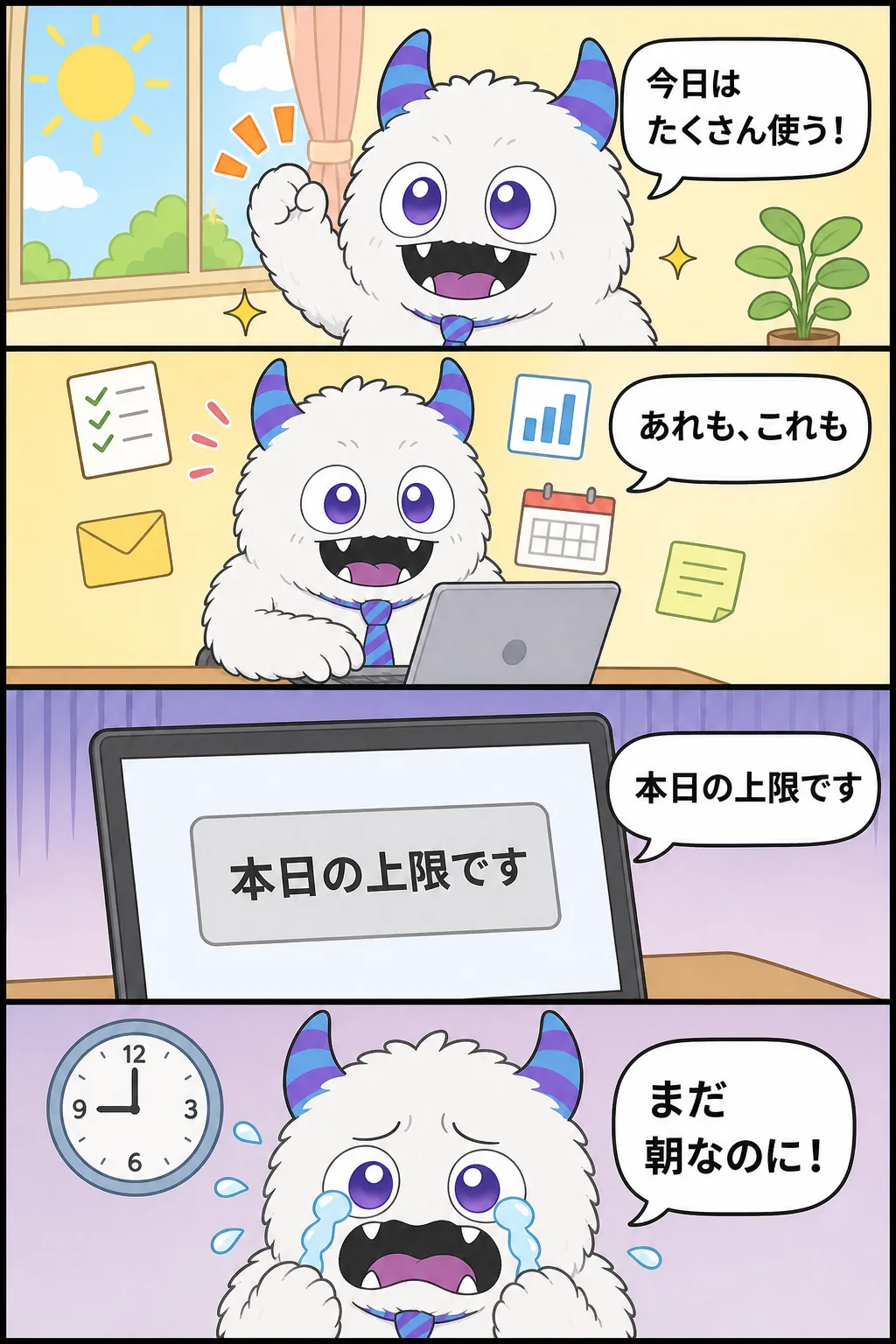 4コマ漫画。1コマ目、朝日の差す部屋でてんびん丸が拳を上げ「今日はたくさん使う！」と意気込む。2コマ目、ノートパソコンに向かい「あれも、これも」と楽しそうに入力する。3コマ目、画面に「本日の上限です」の表示。4コマ目、時計が9時を指す中、てんびん丸が大泣きして「まだ朝なのに！」と叫ぶ。