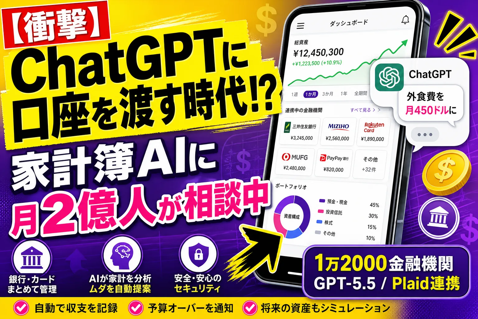 ChatGPT が『家計簿 AI』に進化！個人の銀行・証券・クレカと連携、月2億人が相談する時代に