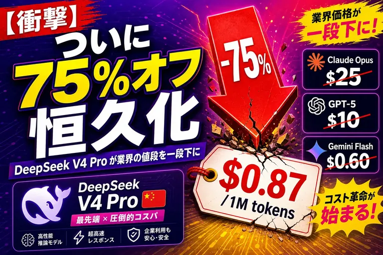 DeepSeek が V4 Pro の『75% 値下げ』を永続化！100万トークン $0.87 で、Claude Opus / GPT-5 / Gemini Flash を一気に殴りに来たよ
