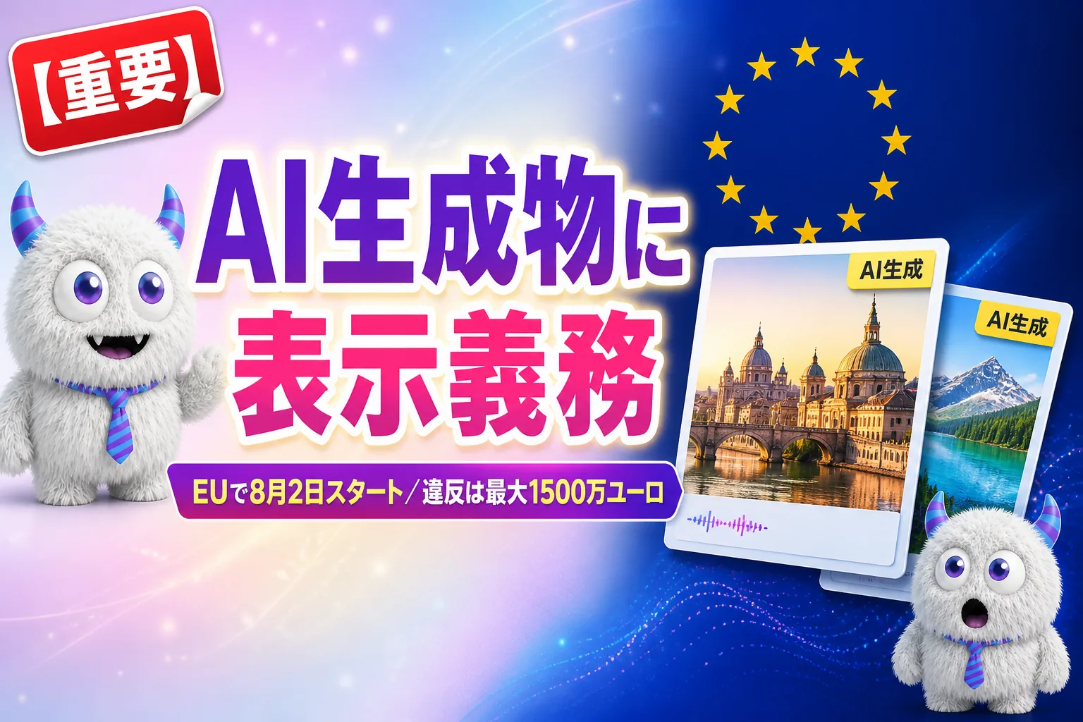 AI生成物への表示義務、EUで8月2日スタート!違反は最大1500万ユーロ・日本の会社が対象になる条件と12月2日の猶予を整理するよ