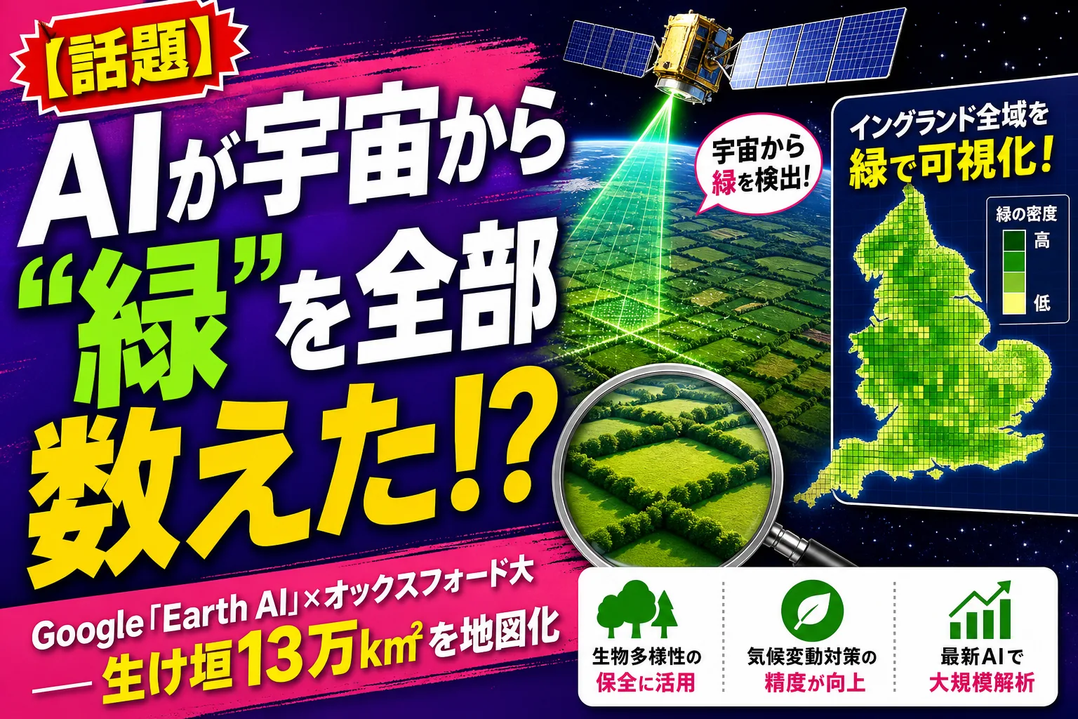 AIが宇宙からイギリスの“生け垣”を全部数えた！？Googleの「Earth AI」が自然を守る話を——てんびん丸が整理するんだ