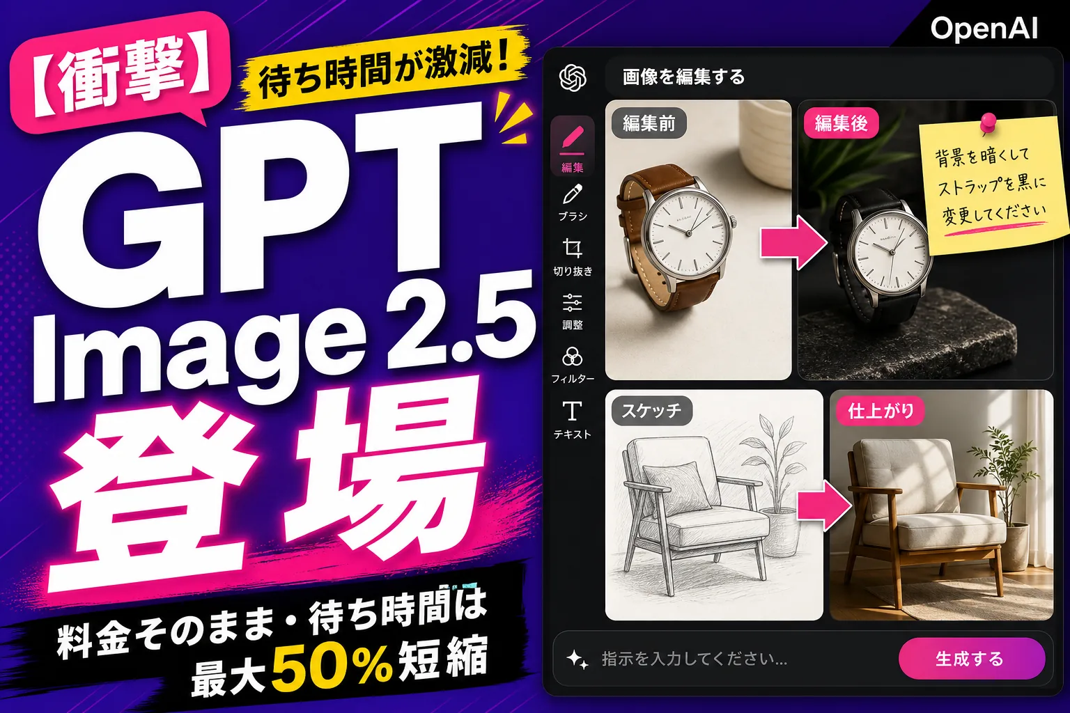 GPT Image 2.5 とは？料金は据え置き、待ち時間は最大50%短縮で編集に強く