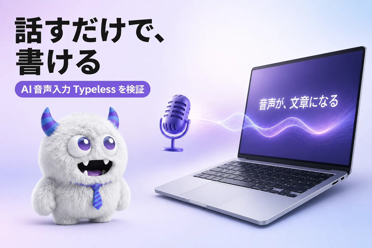AI音声入力アプリ Typeless の検証記事のイメージ。マイクから出た音声の波形がノートパソコンの画面で文章になる