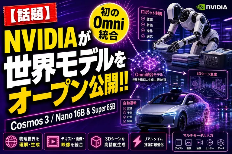 NVIDIAが『Cosmos 3』を出したよ！ロボや自動運転向けの「世界モデル」初のオープンOmni統合、Nano 16Bと Super 65B の2サイズ