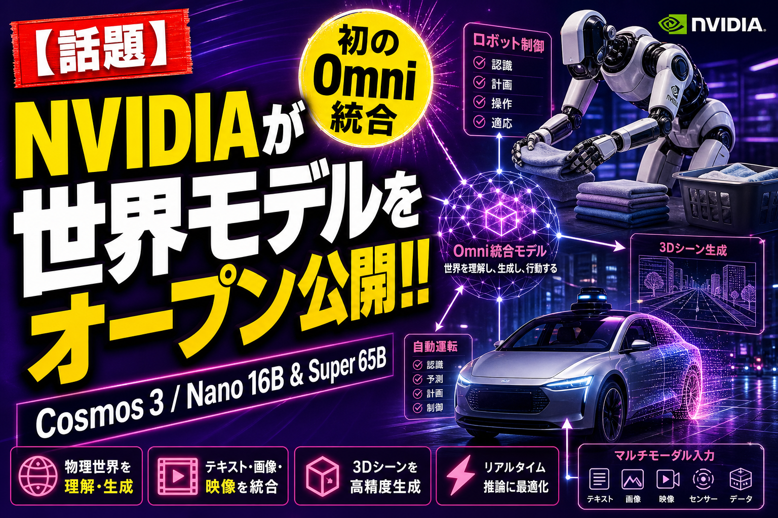 NVIDIAが『Cosmos 3』を出したよ！ロボや自動運転向けの「世界モデル」初のオープンOmni統合、Nano 16Bと Super 65B の2サイズ