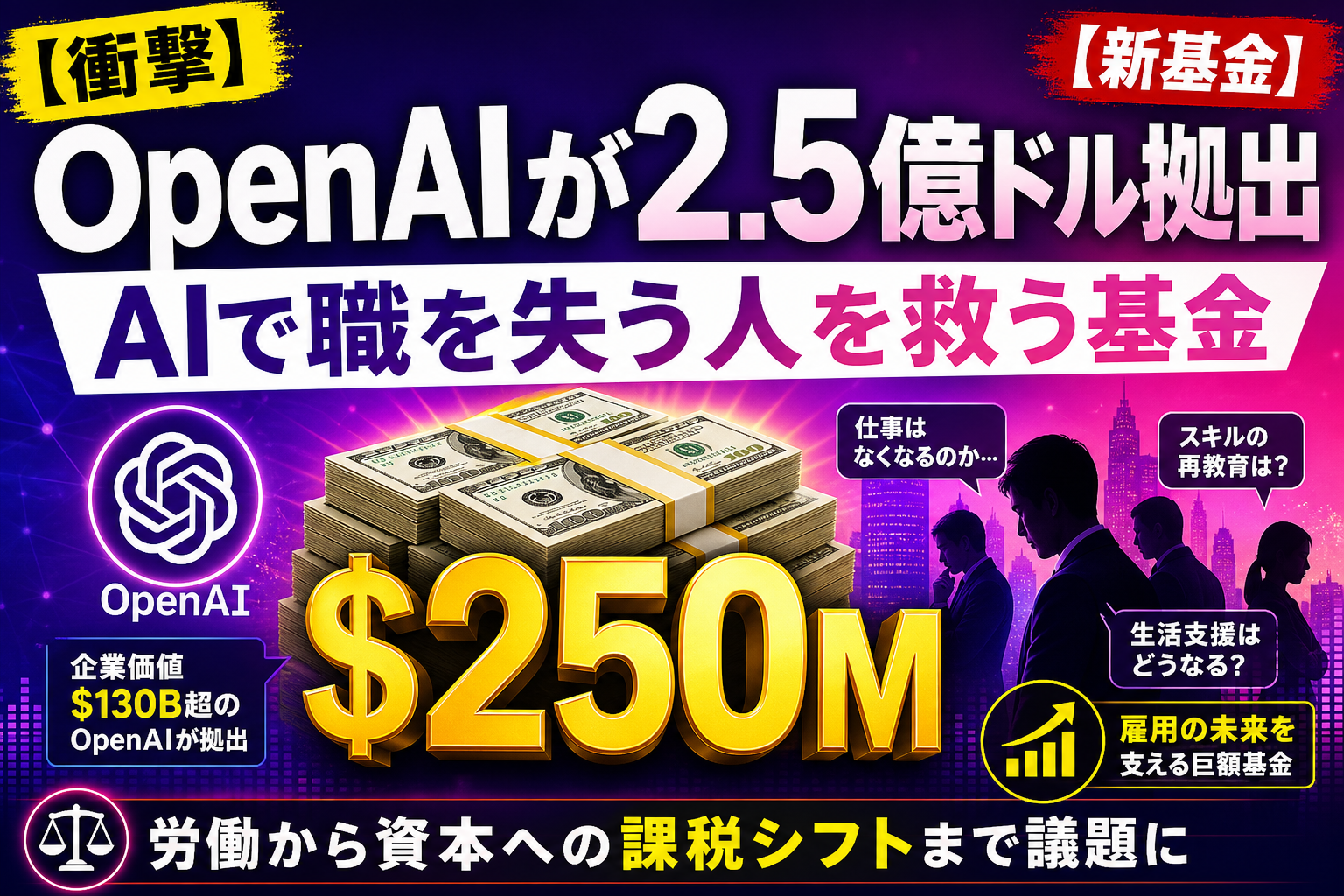OpenAI Foundation が『AIで職を失う人』のために 2.5億ドル投入！『労働から資本への課税シフト』まで議題に上げる謎ファンドを整理するよ